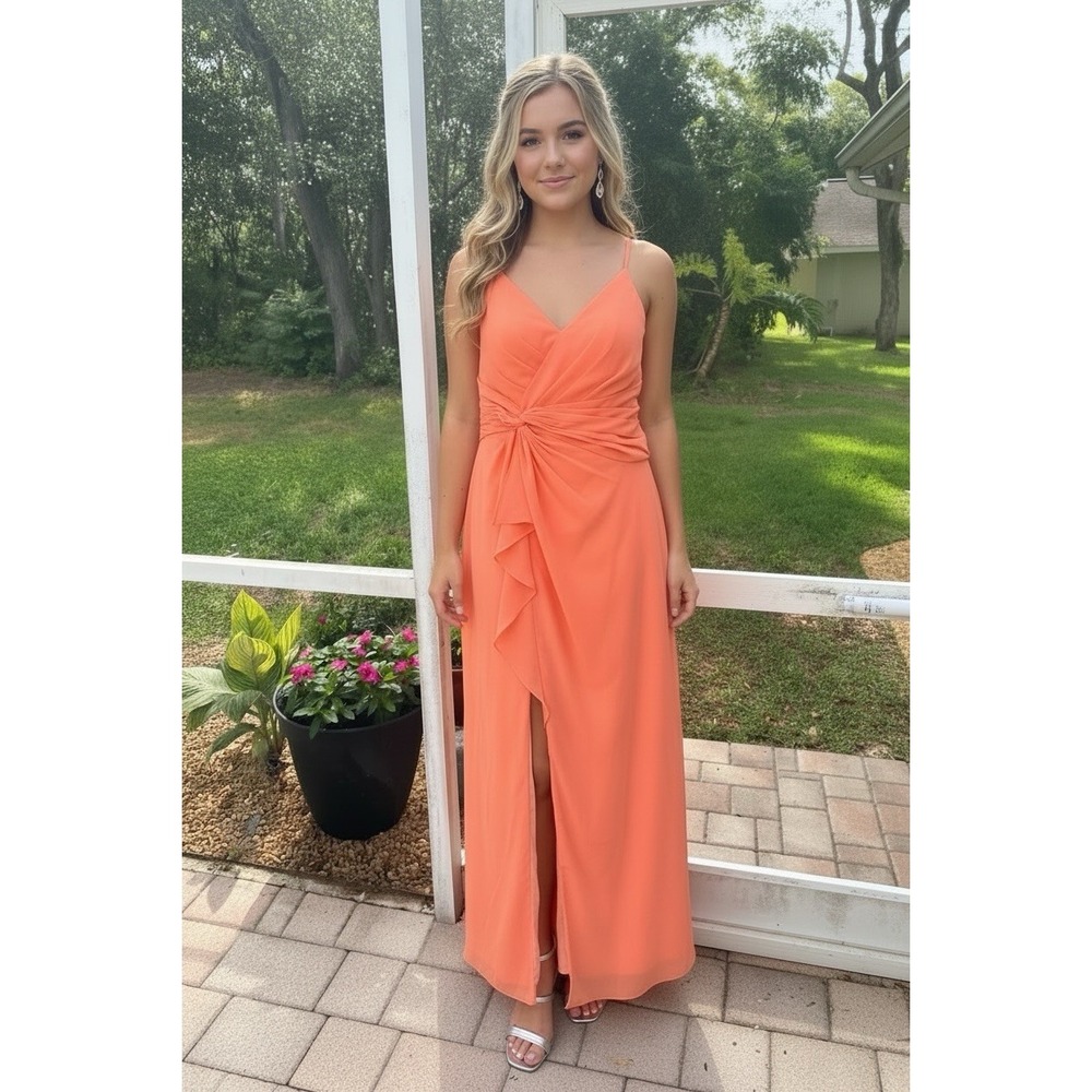 Azazie Bridesmaid Prom Wedding Guest Long Formal Gown Sunset Coral Size A10 NWT